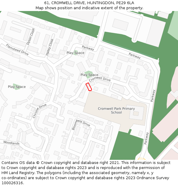 61, CROMWELL DRIVE, HUNTINGDON, PE29 6LA: Location map and indicative extent of plot