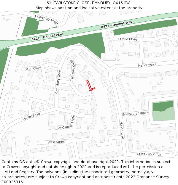 61, EARLSTOKE CLOSE, BANBURY, OX16 3WL: Location map and indicative extent of plot