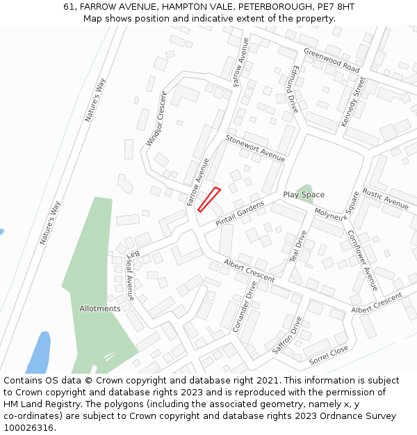 61, FARROW AVENUE, HAMPTON VALE, PETERBOROUGH, PE7 8HT: Location map and indicative extent of plot