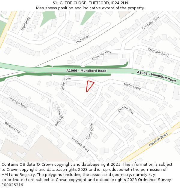 61, GLEBE CLOSE, THETFORD, IP24 2LN: Location map and indicative extent of plot