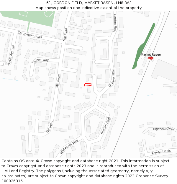61, GORDON FIELD, MARKET RASEN, LN8 3AF: Location map and indicative extent of plot
