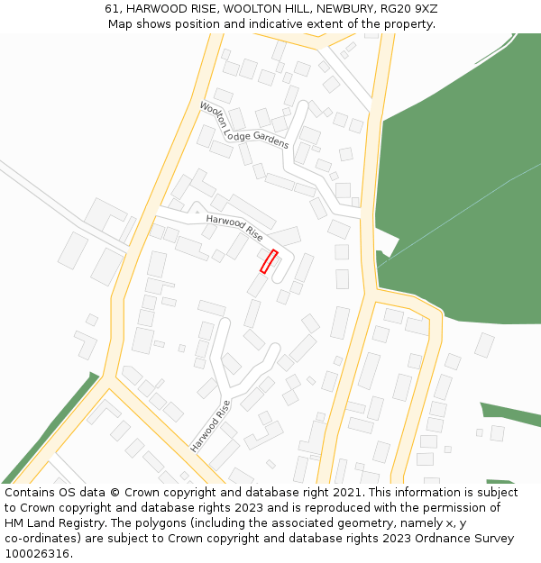 61, HARWOOD RISE, WOOLTON HILL, NEWBURY, RG20 9XZ: Location map and indicative extent of plot