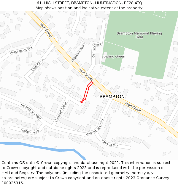 61, HIGH STREET, BRAMPTON, HUNTINGDON, PE28 4TQ: Location map and indicative extent of plot