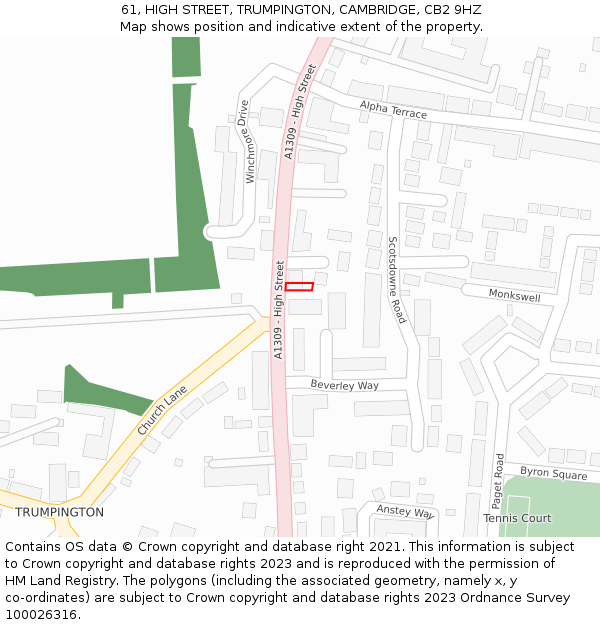 61, HIGH STREET, TRUMPINGTON, CAMBRIDGE, CB2 9HZ: Location map and indicative extent of plot