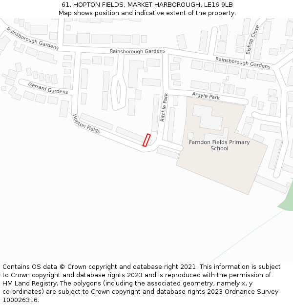 61, HOPTON FIELDS, MARKET HARBOROUGH, LE16 9LB: Location map and indicative extent of plot