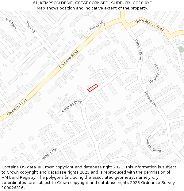 61, KEMPSON DRIVE, GREAT CORNARD, SUDBURY, CO10 0YE: Location map and indicative extent of plot