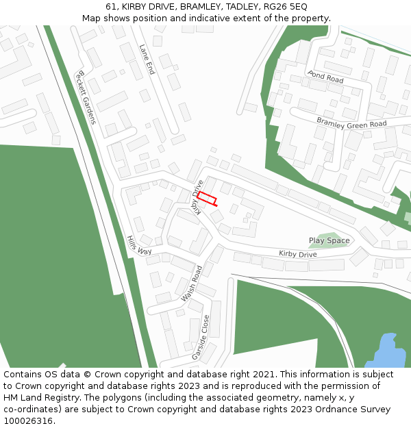 61, KIRBY DRIVE, BRAMLEY, TADLEY, RG26 5EQ: Location map and indicative extent of plot