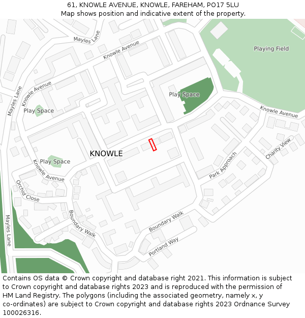 61, KNOWLE AVENUE, KNOWLE, FAREHAM, PO17 5LU: Location map and indicative extent of plot