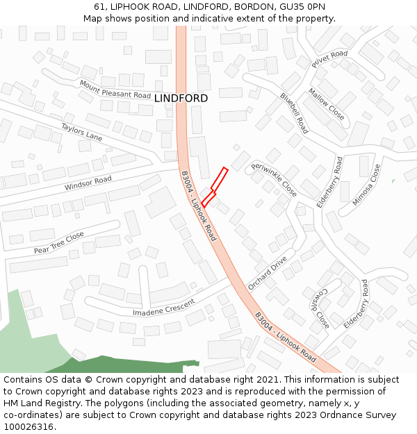 61, LIPHOOK ROAD, LINDFORD, BORDON, GU35 0PN: Location map and indicative extent of plot