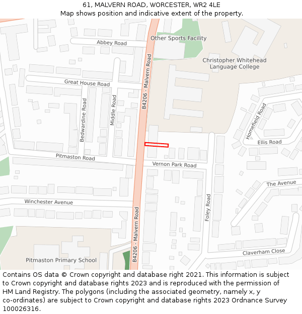 61, MALVERN ROAD, WORCESTER, WR2 4LE: Location map and indicative extent of plot