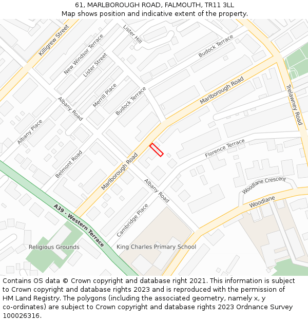 61, MARLBOROUGH ROAD, FALMOUTH, TR11 3LL: Location map and indicative extent of plot