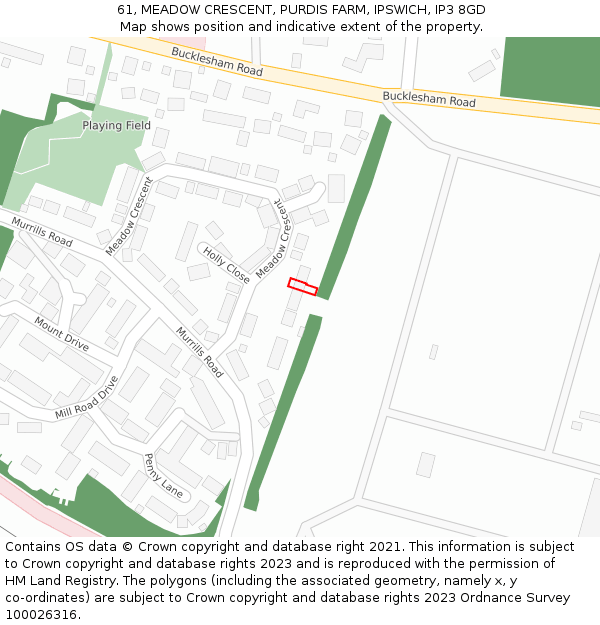 61, MEADOW CRESCENT, PURDIS FARM, IPSWICH, IP3 8GD: Location map and indicative extent of plot