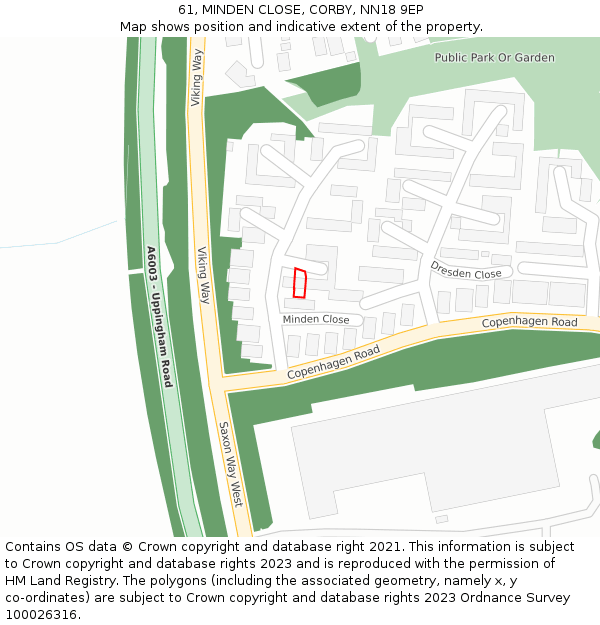 61, MINDEN CLOSE, CORBY, NN18 9EP: Location map and indicative extent of plot