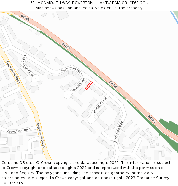 61, MONMOUTH WAY, BOVERTON, LLANTWIT MAJOR, CF61 2GU: Location map and indicative extent of plot