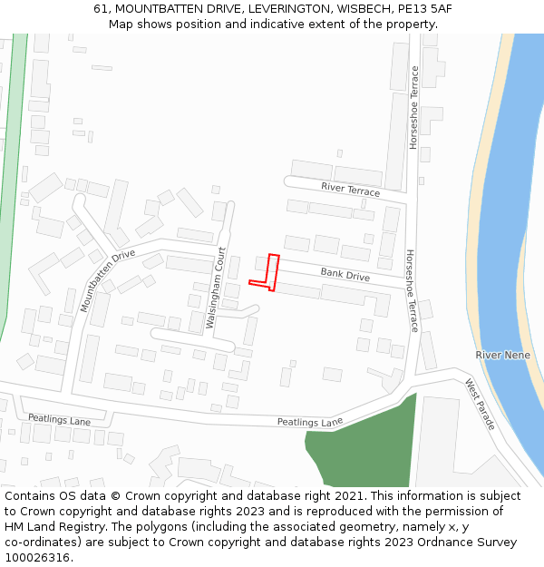 61, MOUNTBATTEN DRIVE, LEVERINGTON, WISBECH, PE13 5AF: Location map and indicative extent of plot