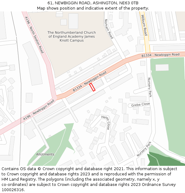 61, NEWBIGGIN ROAD, ASHINGTON, NE63 0TB: Location map and indicative extent of plot