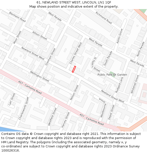 61, NEWLAND STREET WEST, LINCOLN, LN1 1QF: Location map and indicative extent of plot