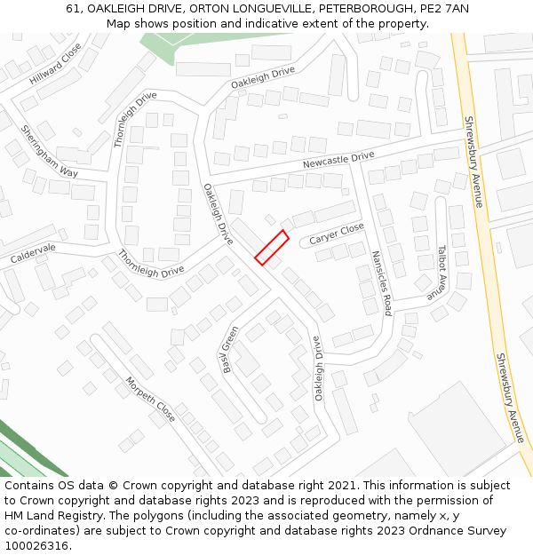 61, OAKLEIGH DRIVE, ORTON LONGUEVILLE, PETERBOROUGH, PE2 7AN: Location map and indicative extent of plot