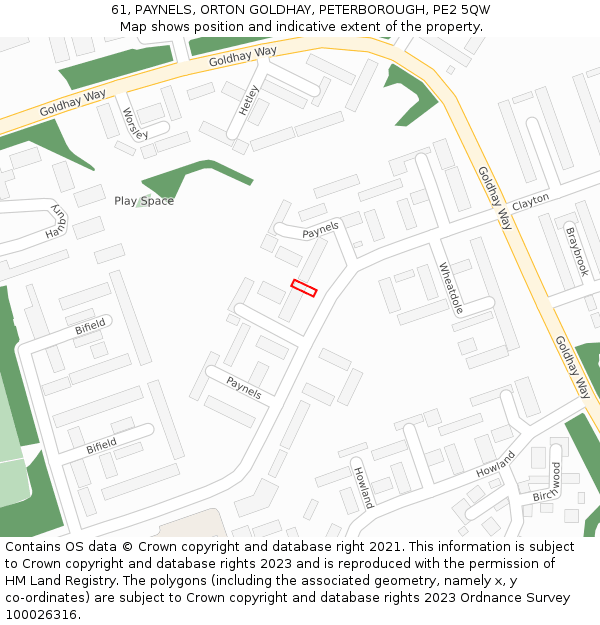 61, PAYNELS, ORTON GOLDHAY, PETERBOROUGH, PE2 5QW: Location map and indicative extent of plot