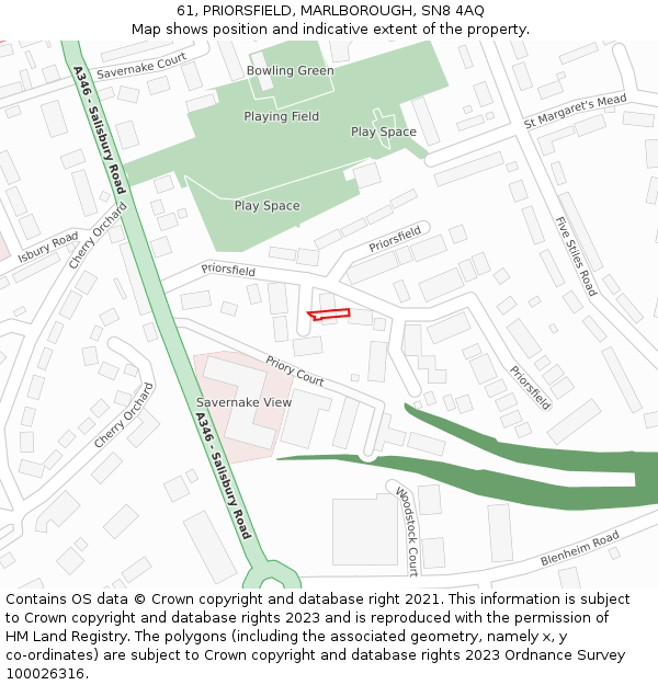 61, PRIORSFIELD, MARLBOROUGH, SN8 4AQ: Location map and indicative extent of plot