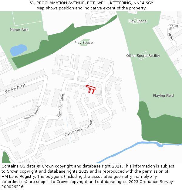 61, PROCLAMATION AVENUE, ROTHWELL, KETTERING, NN14 6GY: Location map and indicative extent of plot