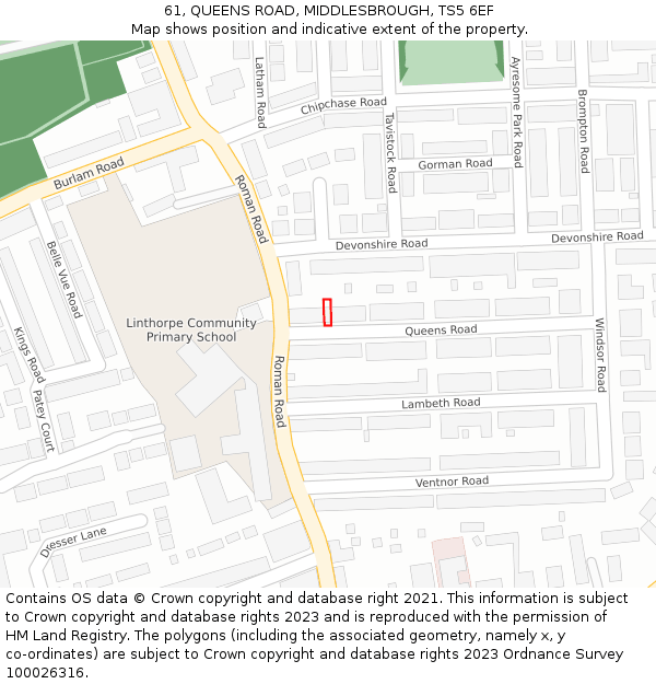 61, QUEENS ROAD, MIDDLESBROUGH, TS5 6EF: Location map and indicative extent of plot