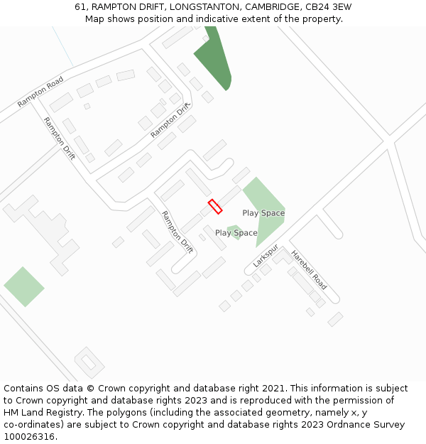 61, RAMPTON DRIFT, LONGSTANTON, CAMBRIDGE, CB24 3EW: Location map and indicative extent of plot
