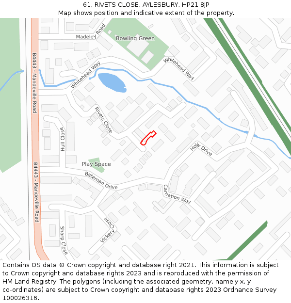 61, RIVETS CLOSE, AYLESBURY, HP21 8JP: Location map and indicative extent of plot
