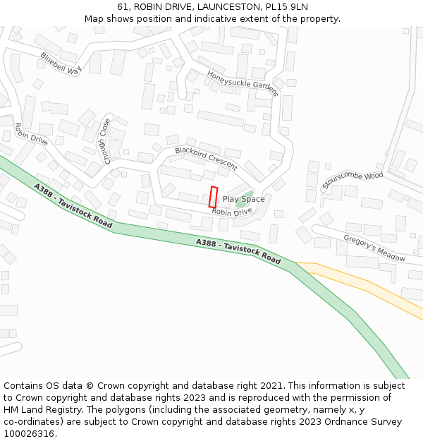 61, ROBIN DRIVE, LAUNCESTON, PL15 9LN: Location map and indicative extent of plot