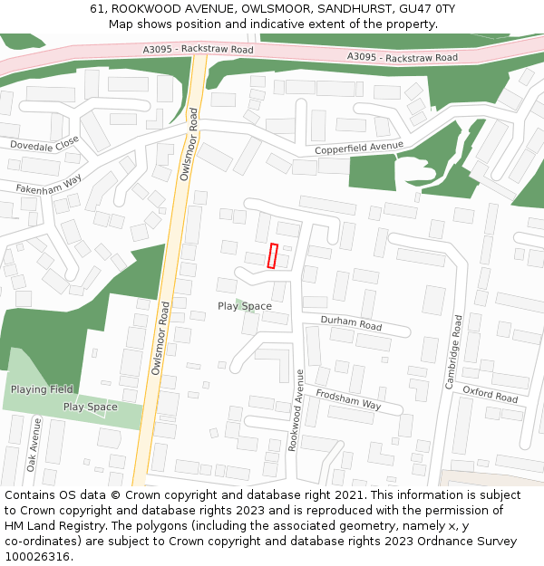 61, ROOKWOOD AVENUE, OWLSMOOR, SANDHURST, GU47 0TY: Location map and indicative extent of plot