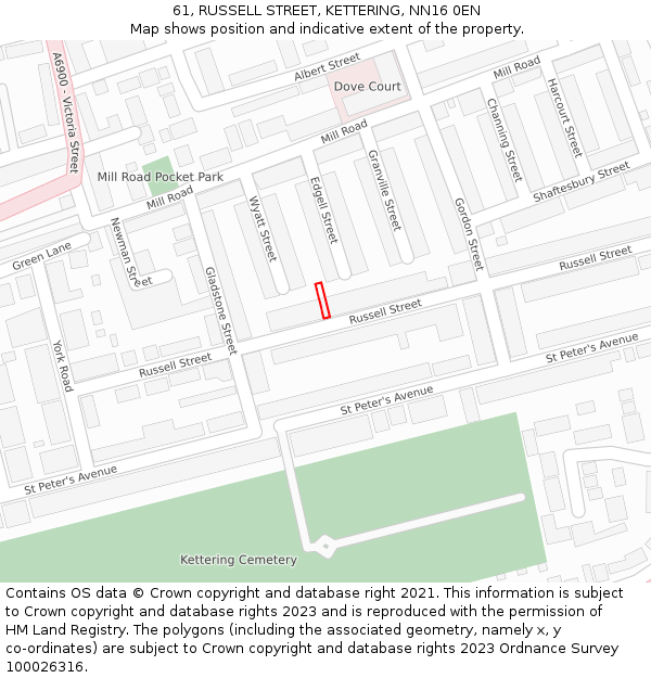 61, RUSSELL STREET, KETTERING, NN16 0EN: Location map and indicative extent of plot