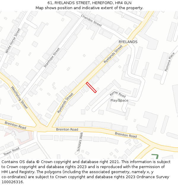 61, RYELANDS STREET, HEREFORD, HR4 0LN: Location map and indicative extent of plot