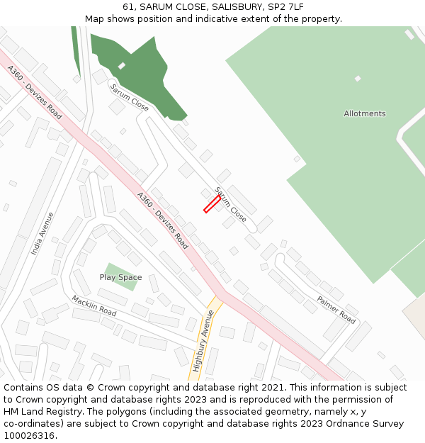 61, SARUM CLOSE, SALISBURY, SP2 7LF: Location map and indicative extent of plot