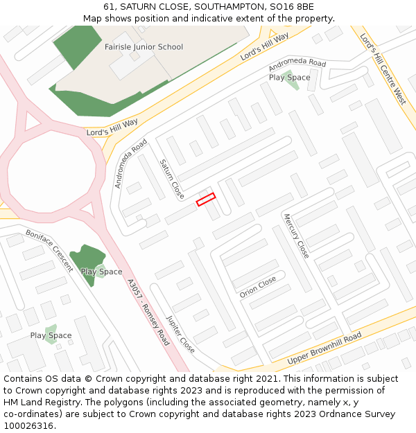 61, SATURN CLOSE, SOUTHAMPTON, SO16 8BE: Location map and indicative extent of plot