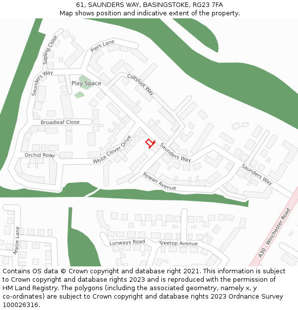 61, SAUNDERS WAY, BASINGSTOKE, RG23 7FA: Location map and indicative extent of plot