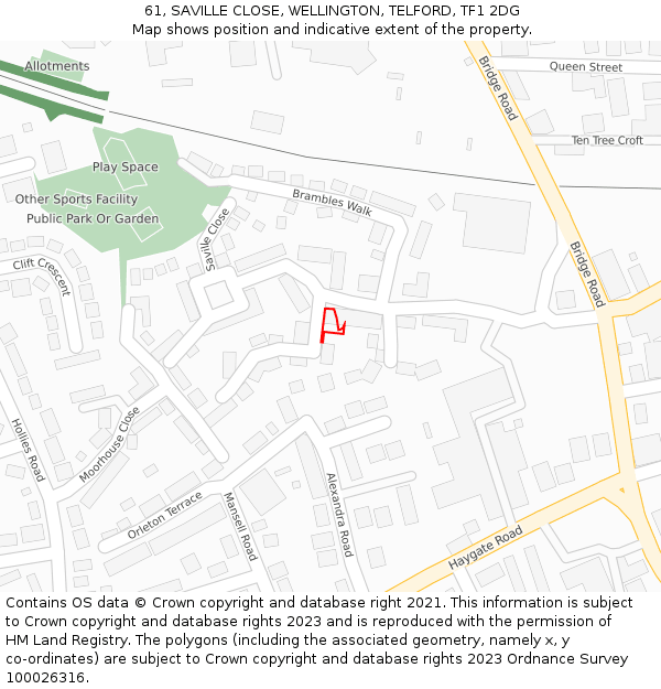 61, SAVILLE CLOSE, WELLINGTON, TELFORD, TF1 2DG: Location map and indicative extent of plot