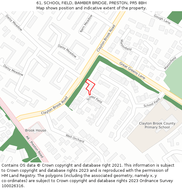 61, SCHOOL FIELD, BAMBER BRIDGE, PRESTON, PR5 8BH: Location map and indicative extent of plot