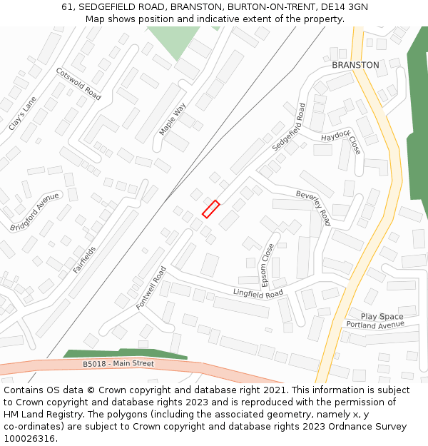 61, SEDGEFIELD ROAD, BRANSTON, BURTON-ON-TRENT, DE14 3GN: Location map and indicative extent of plot