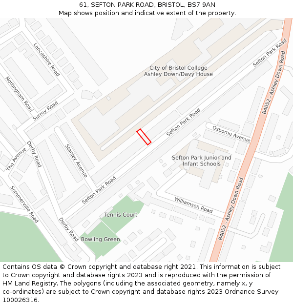 61, SEFTON PARK ROAD, BRISTOL, BS7 9AN: Location map and indicative extent of plot