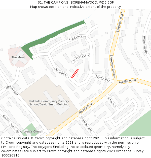 61, THE CAMPIONS, BOREHAMWOOD, WD6 5QF: Location map and indicative extent of plot