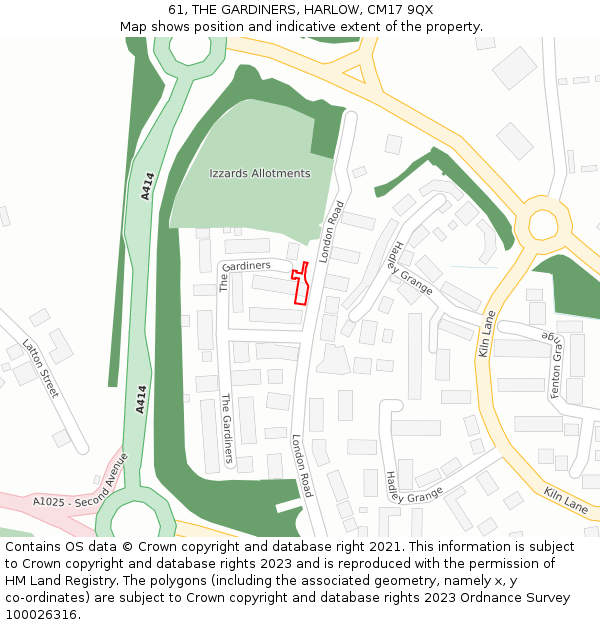61, THE GARDINERS, HARLOW, CM17 9QX: Location map and indicative extent of plot