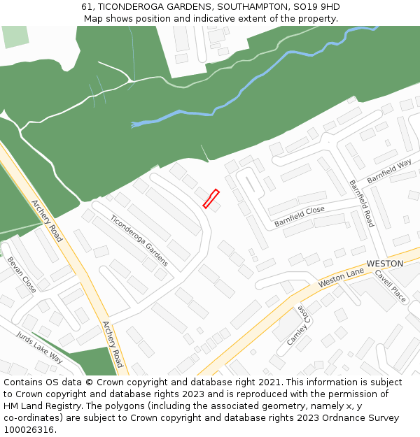 61, TICONDEROGA GARDENS, SOUTHAMPTON, SO19 9HD: Location map and indicative extent of plot