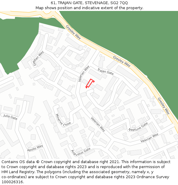 61, TRAJAN GATE, STEVENAGE, SG2 7QQ: Location map and indicative extent of plot