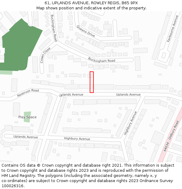 61, UPLANDS AVENUE, ROWLEY REGIS, B65 9PX: Location map and indicative extent of plot