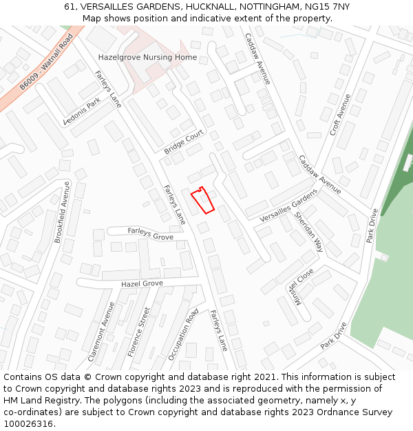 61, VERSAILLES GARDENS, HUCKNALL, NOTTINGHAM, NG15 7NY: Location map and indicative extent of plot