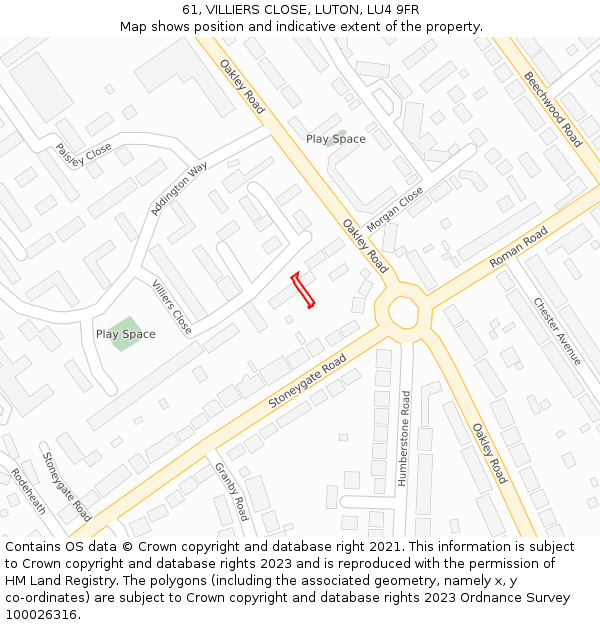 61, VILLIERS CLOSE, LUTON, LU4 9FR: Location map and indicative extent of plot