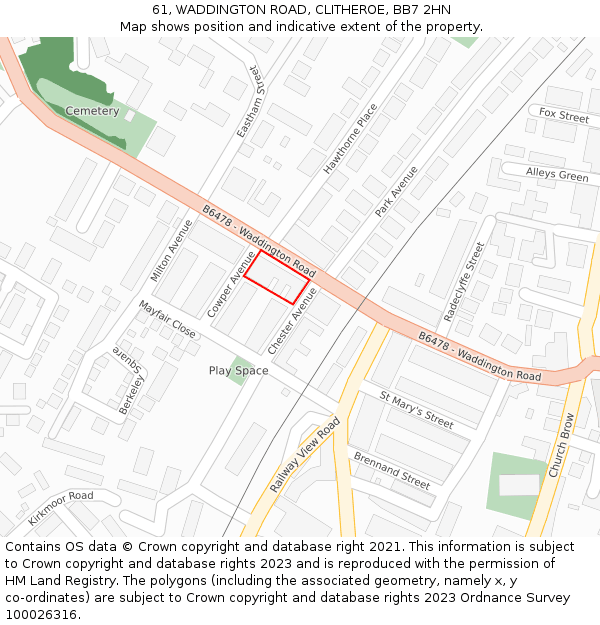 61, WADDINGTON ROAD, CLITHEROE, BB7 2HN: Location map and indicative extent of plot
