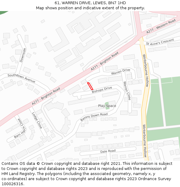 61, WARREN DRIVE, LEWES, BN7 1HD: Location map and indicative extent of plot