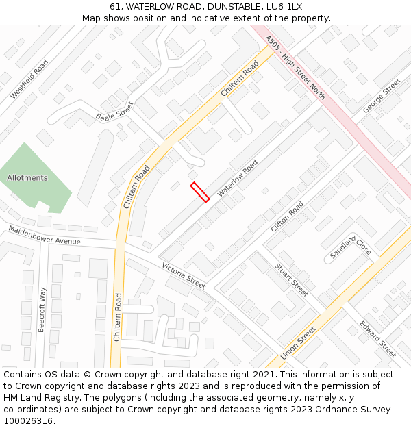 61, WATERLOW ROAD, DUNSTABLE, LU6 1LX: Location map and indicative extent of plot