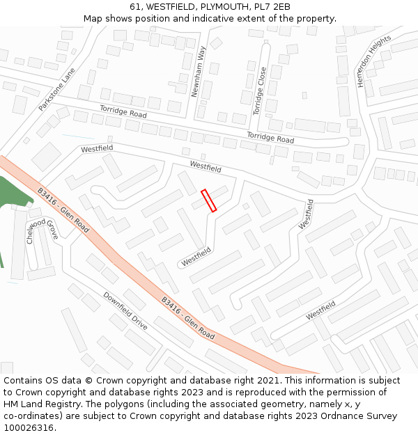 61, WESTFIELD, PLYMOUTH, PL7 2EB: Location map and indicative extent of plot